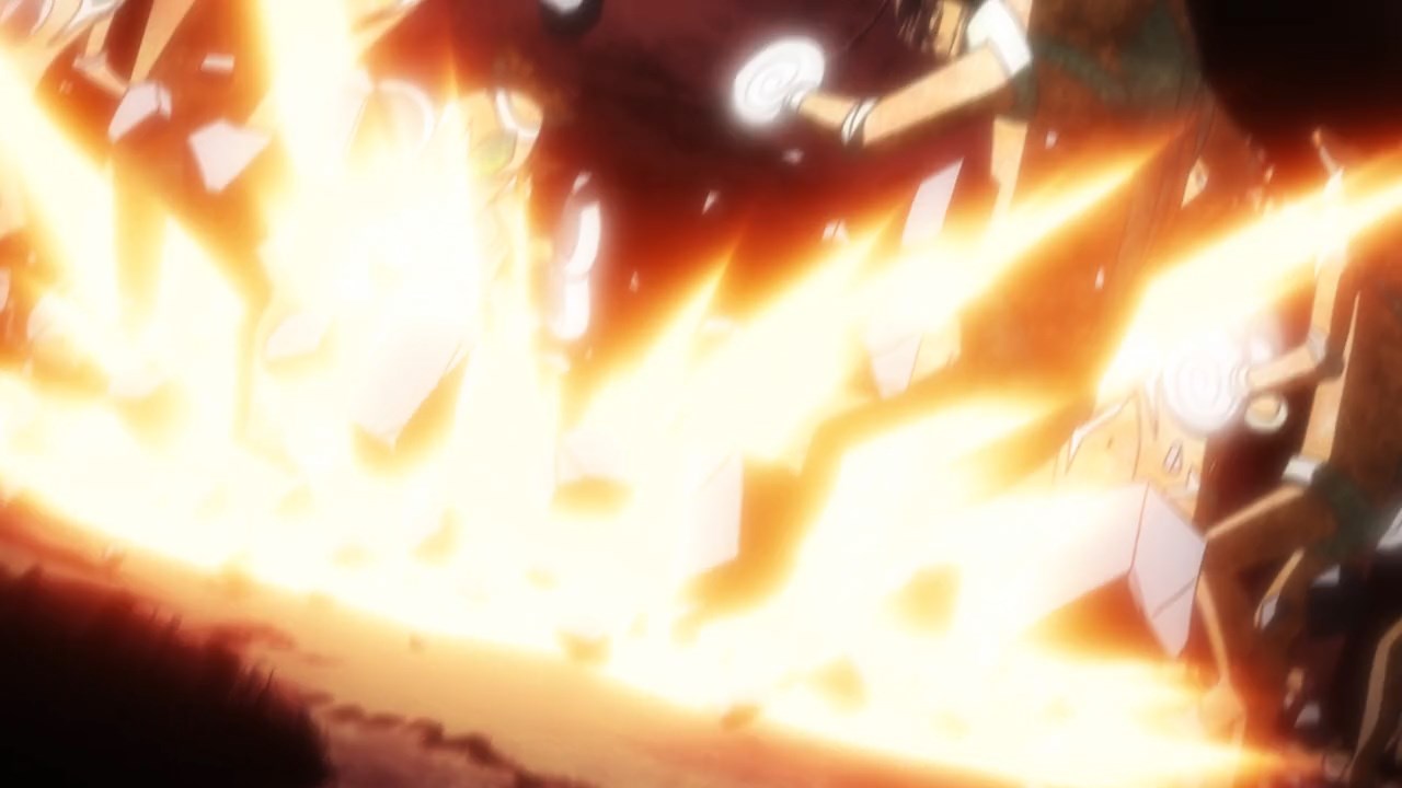 Hibiki causes an explosion with her fist